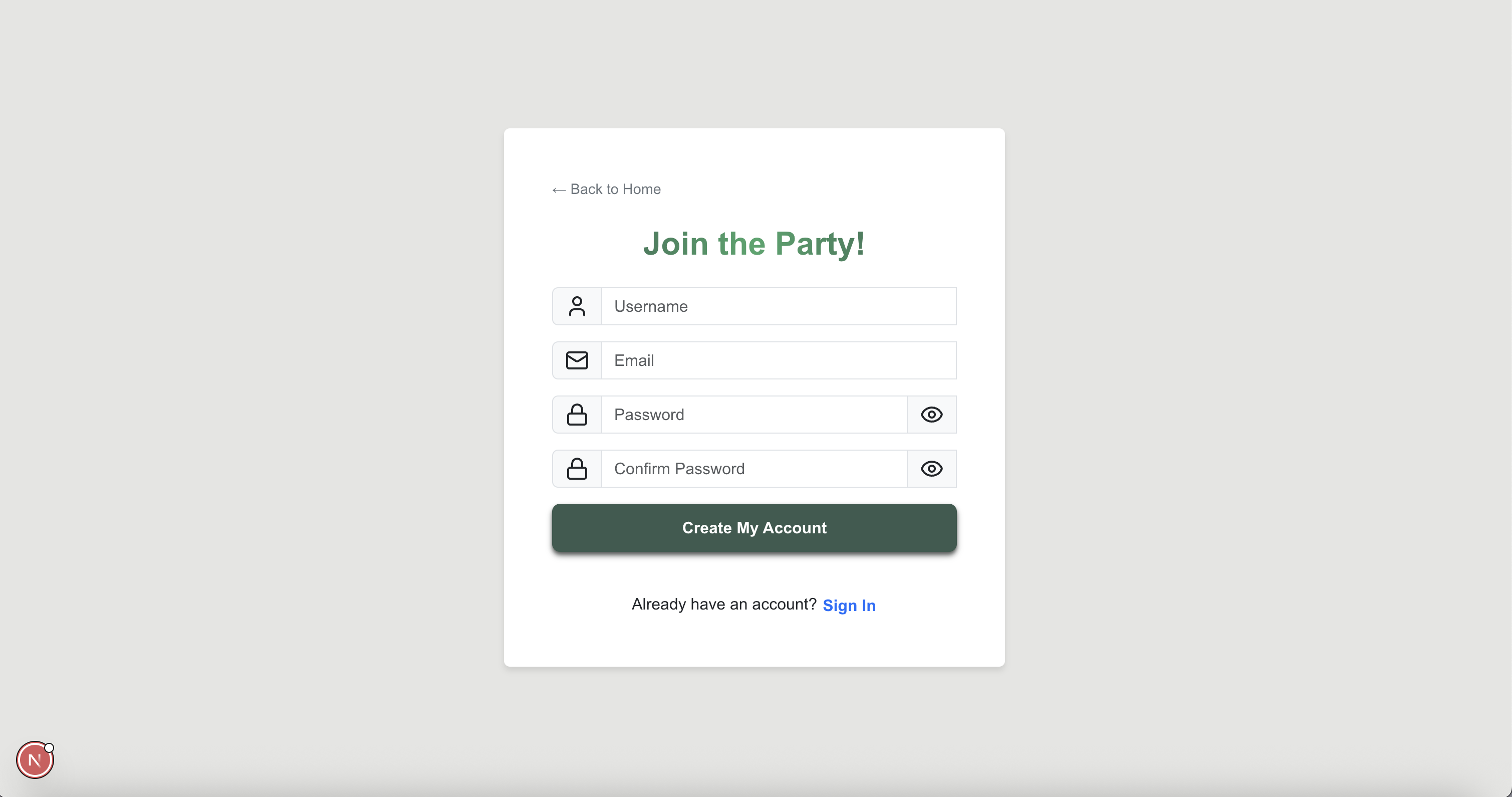 signup page
